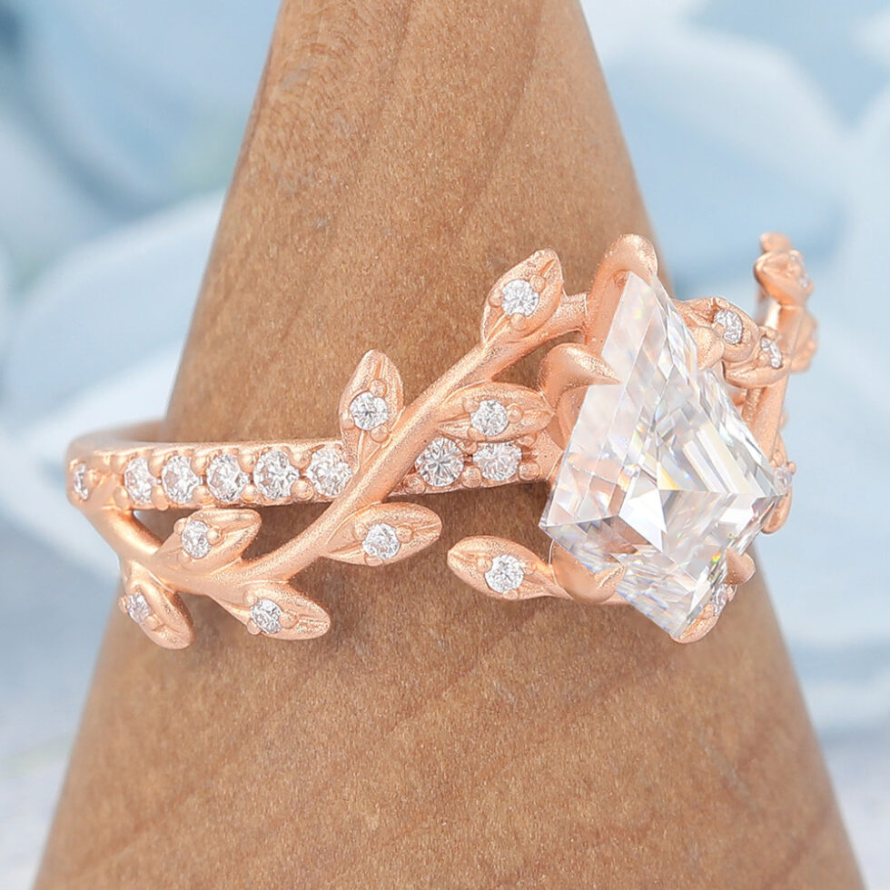 Matte Finish Rose Gold Kite Cut Unique Moissanite Engagement Ring