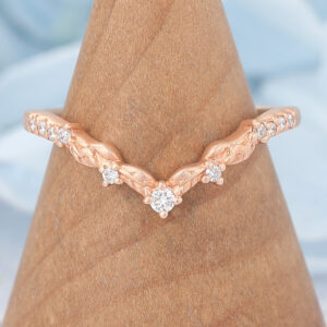 Matte Finish Round Moissanite Wedding Band Leaves Stacking Ring