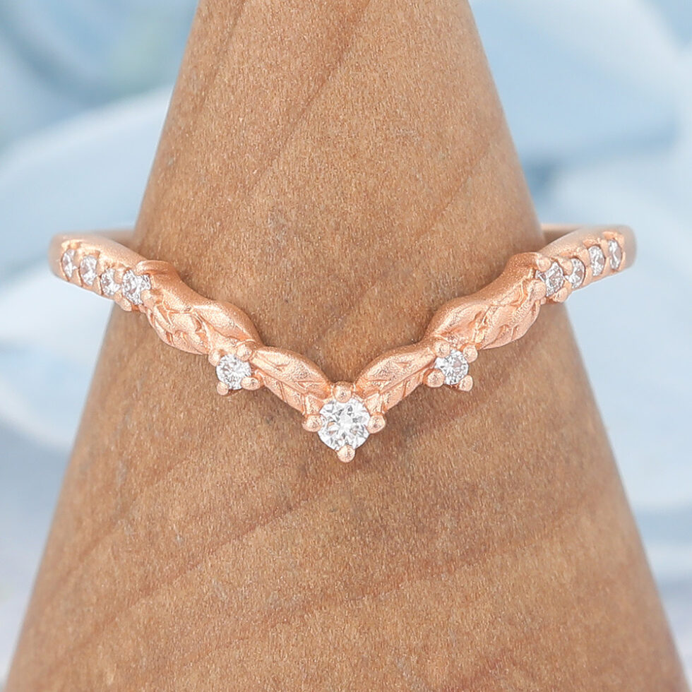 Matte Finish Round Moissanite Wedding Band Leaves Stacking Ring