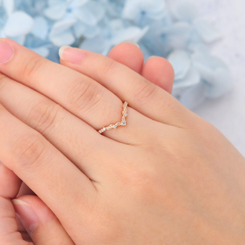 Matte Finish Round Moissanite Wedding Band Leaves Stacking Ring