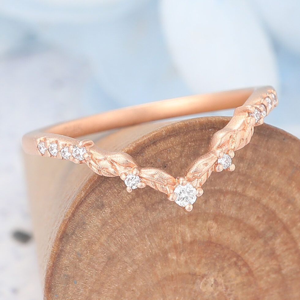 Matte Finish Round Moissanite Wedding Band Leaves Stacking Ring