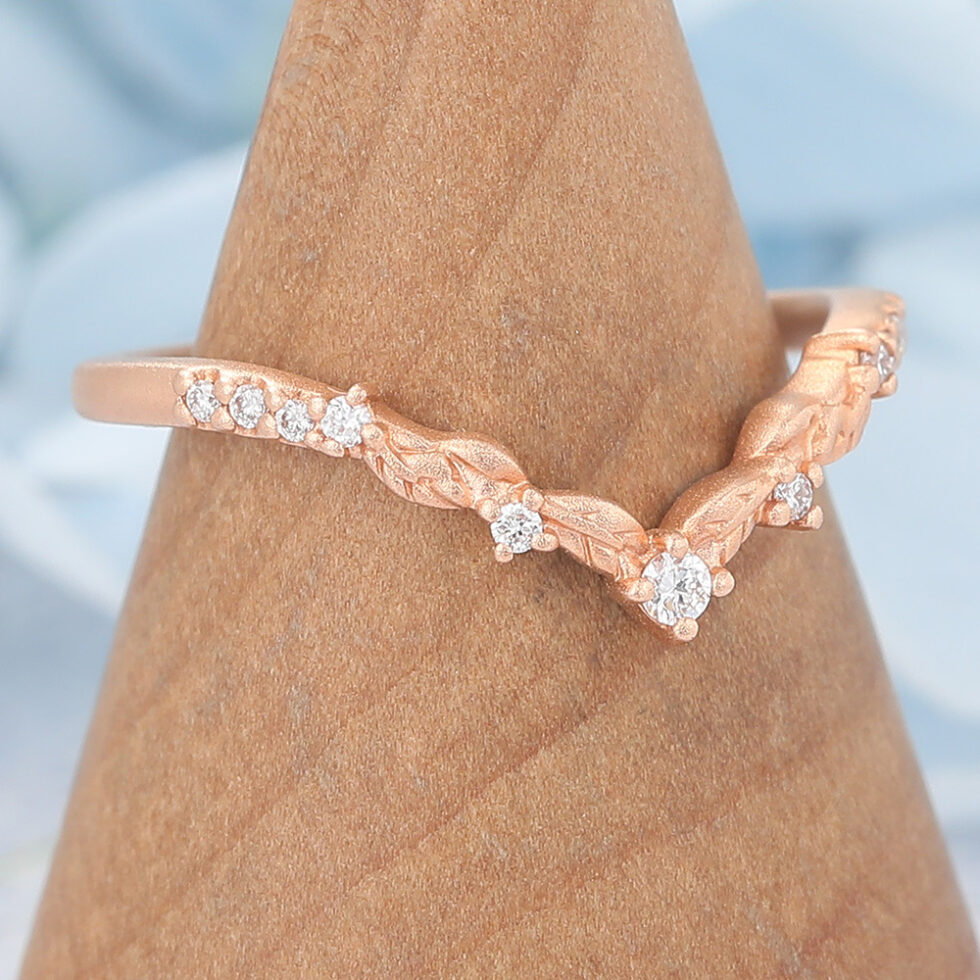 Matte Finish Round Moissanite Wedding Band Leaves Stacking Ring