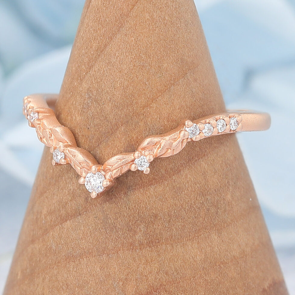 Matte Finish Round Moissanite Wedding Band Leaves Stacking Ring