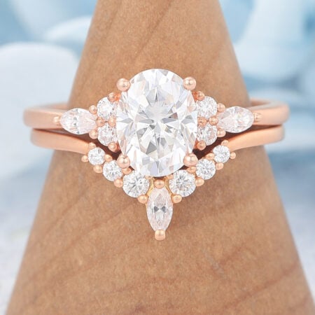 Matte Finish Vintage Oval Cut Moissanite Engagement Ring Set