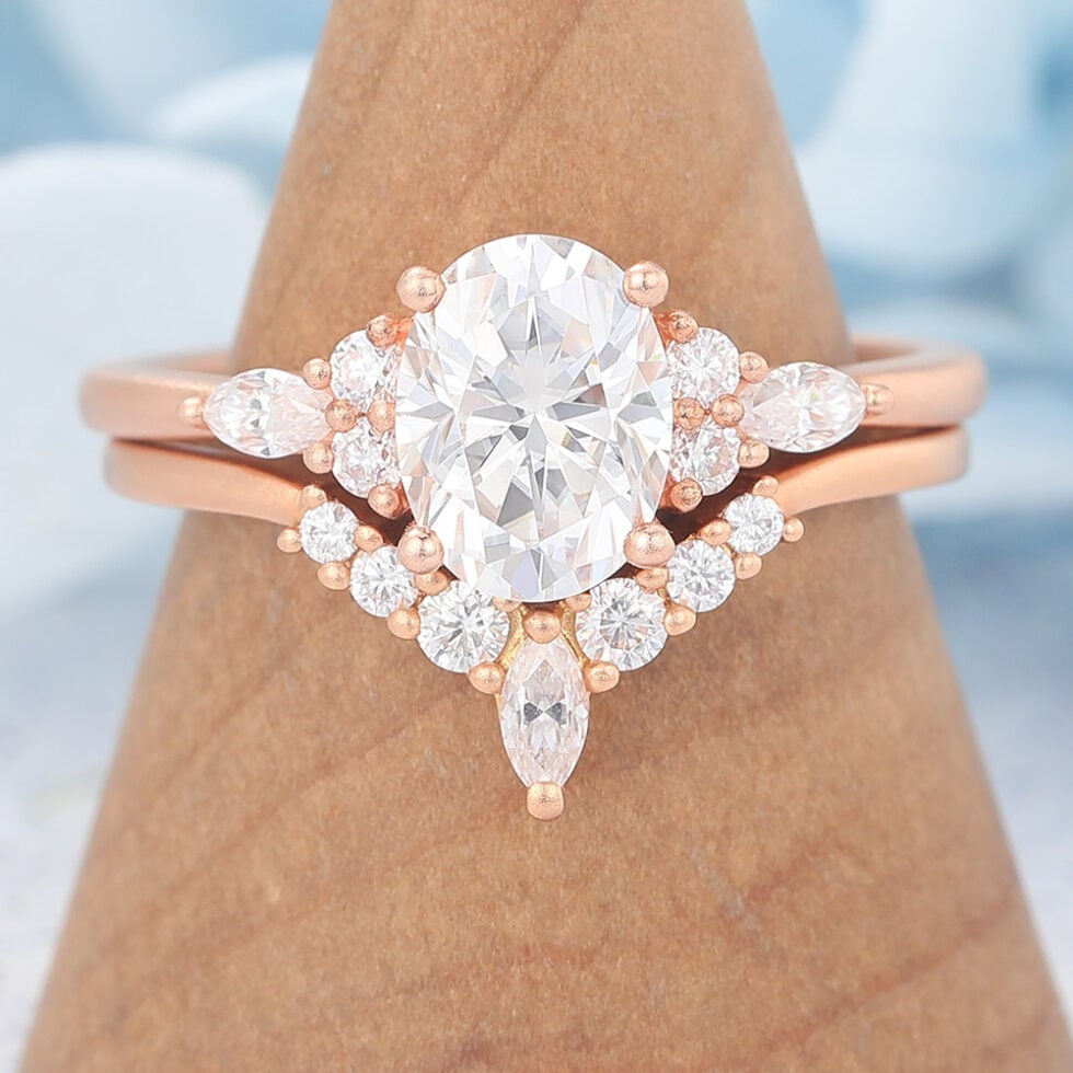 Matte Finish Vintage Oval Cut Moissanite Engagement Ring Set