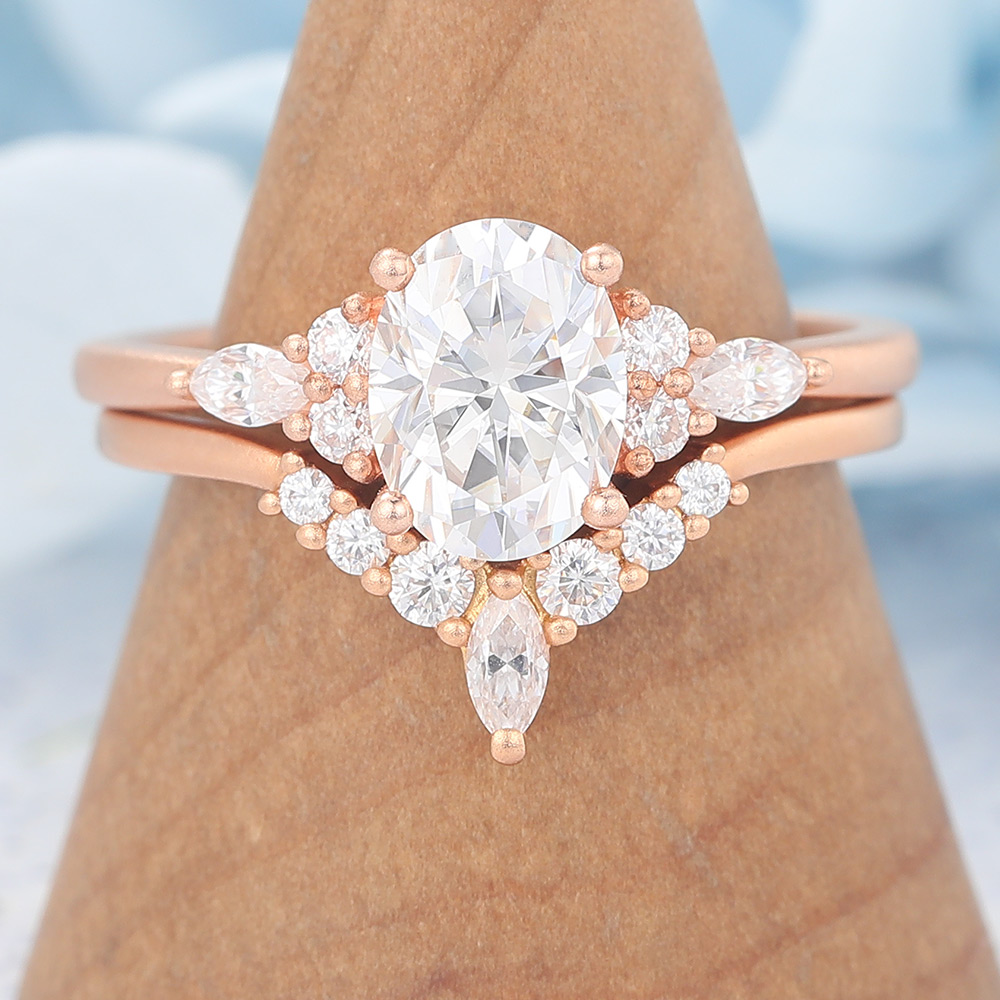Matte Finish Vintage Oval Cut Moissanite Engagement Ring Set