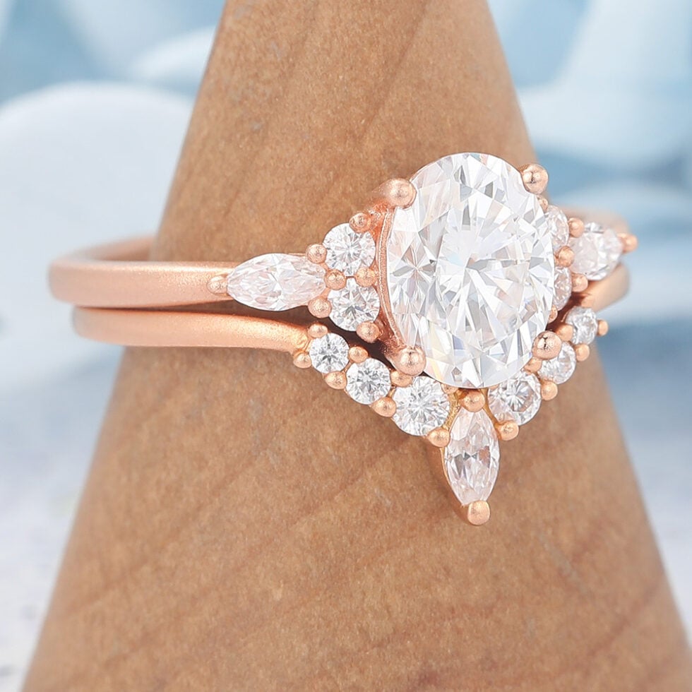 Matte Finish Vintage Oval Cut Moissanite Engagement Ring Set