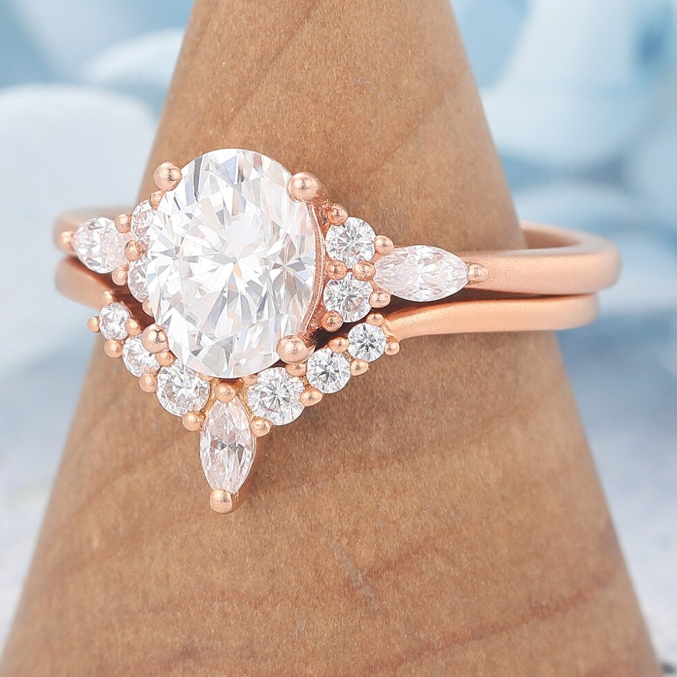 Matte Finish Vintage Oval Cut Moissanite Engagement Ring Set