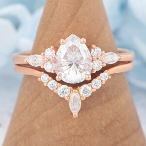 Matte Finish Vintage Pear Cut Moissanite Engagement Ring Set