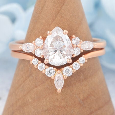 Matte Finish Vintage Pear Cut Moissanite Engagement Ring Set