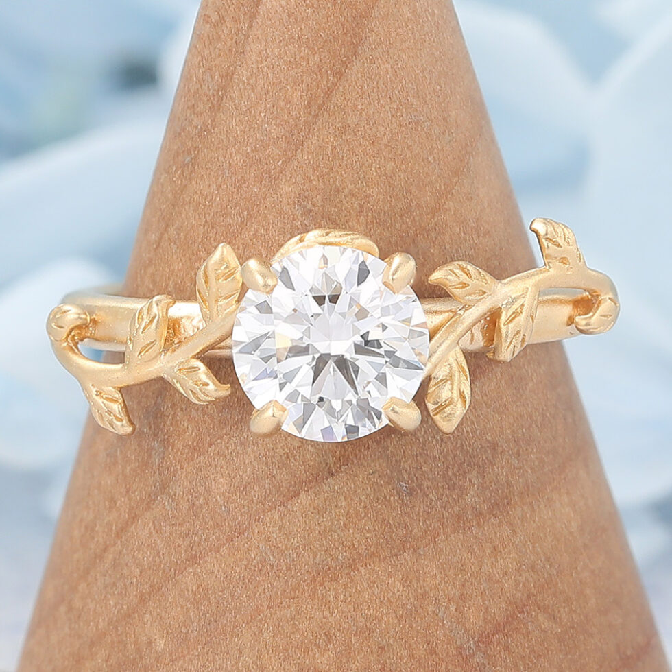 Matte Finish Vintage Round Cut Moissanite Engagement Ring Leaf-Inspired Ring