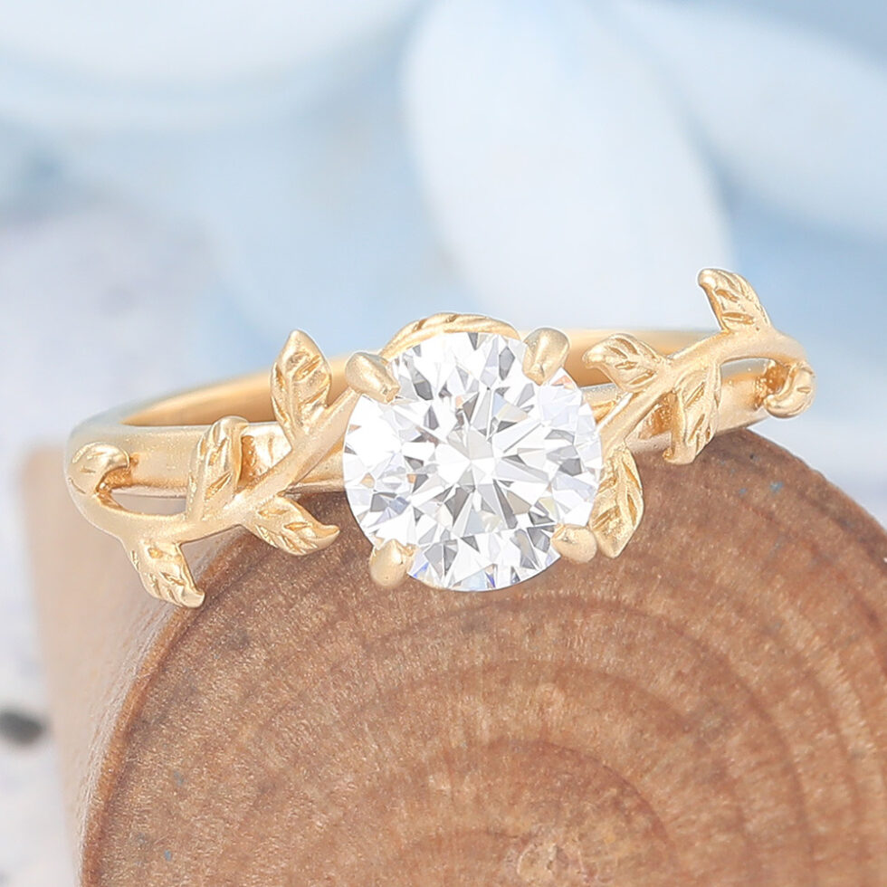 Matte Finish Vintage Round Cut Moissanite Engagement Ring Leaf-Inspired Ring