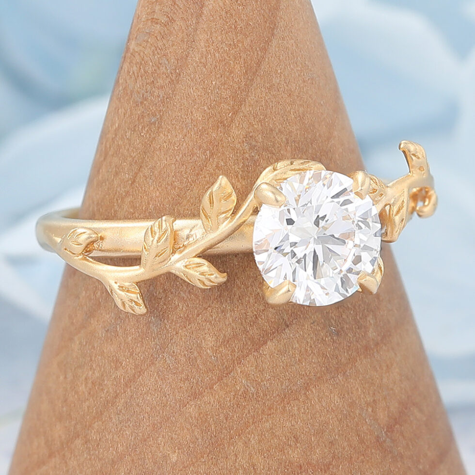 Matte Finish Vintage Round Cut Moissanite Engagement Ring Leaf-Inspired Ring