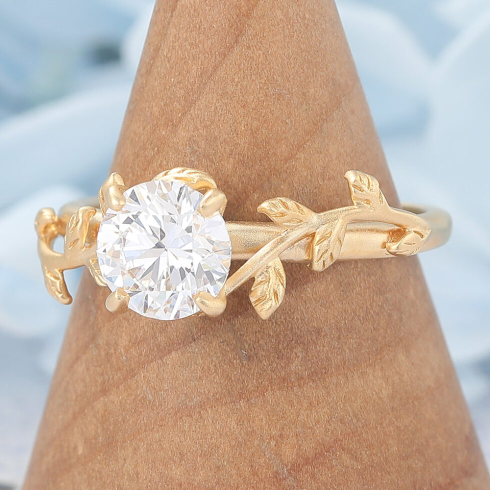 Matte Finish Vintage Round Cut Moissanite Engagement Ring Leaf-Inspired Ring