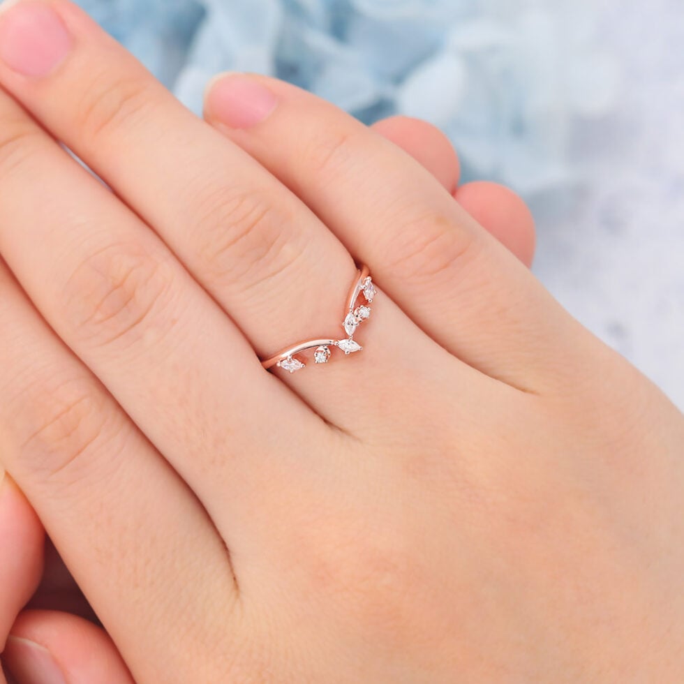 Moissanite Curved Wedding Band Rose Gold Women