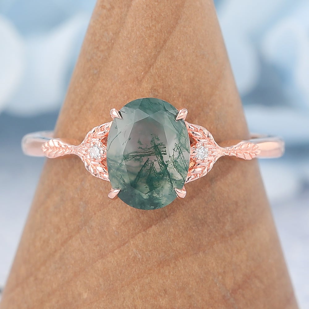 Oval Cut Moss Agate Engagement Ring Three Stone Engagement Ring