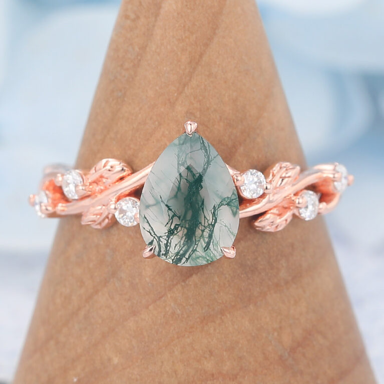 Pear Cut Moss Agate Engagement Ring Nature Inspired Rings
