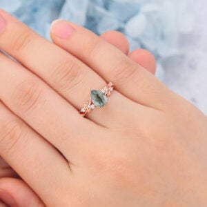 Pear Cut Moss Agate Engagement Ring Nature Inspired Rings