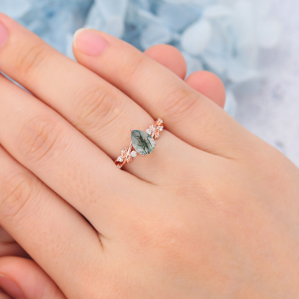 Pear Cut Moss Agate Engagement Ring Nature Inspired Rings