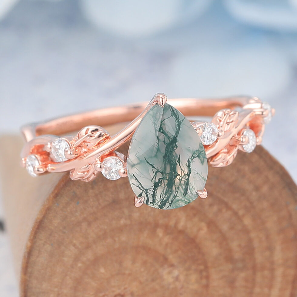 Pear Cut Moss Agate Engagement Ring Nature Inspired Rings