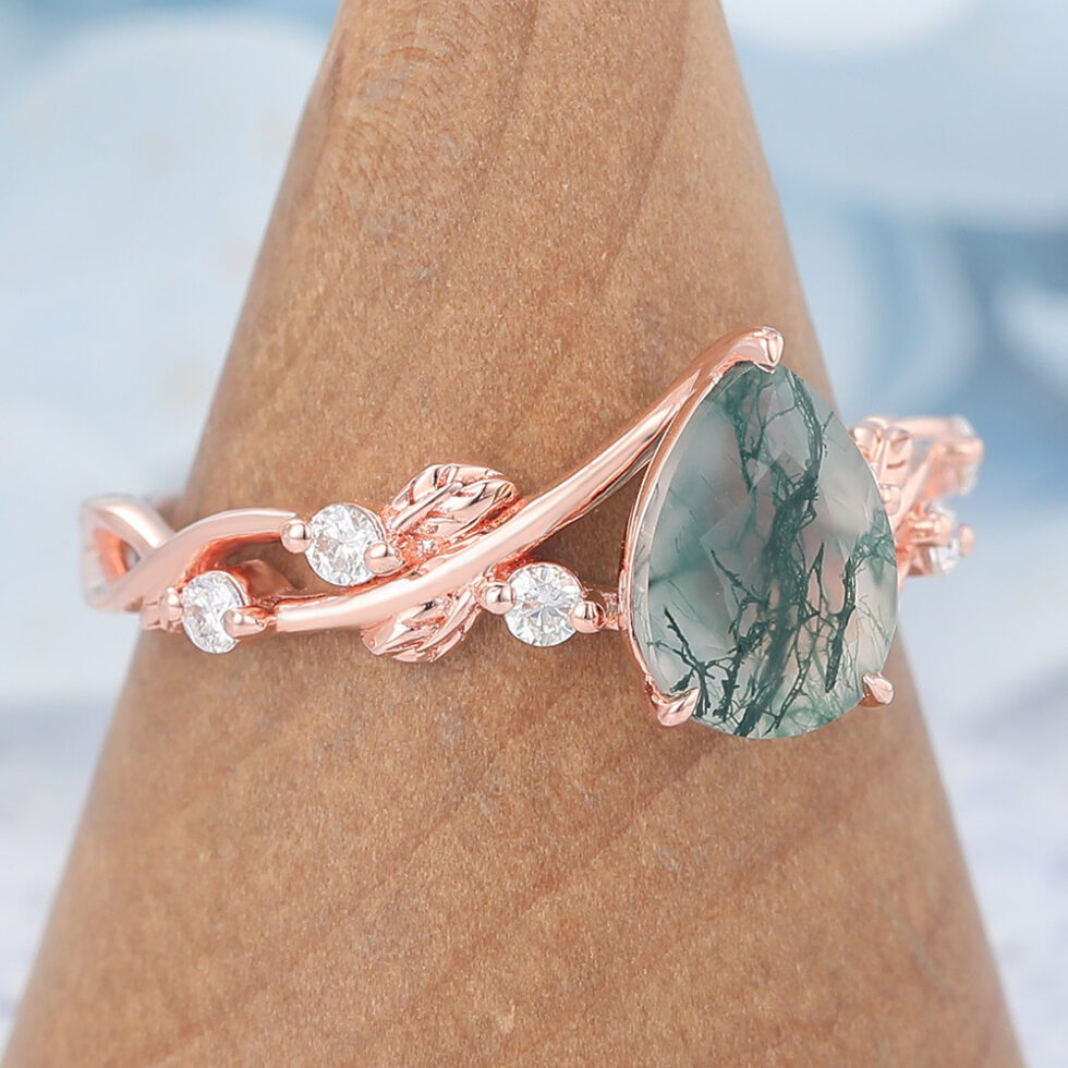 Pear Cut Moss Agate Engagement Ring Nature Inspired Rings