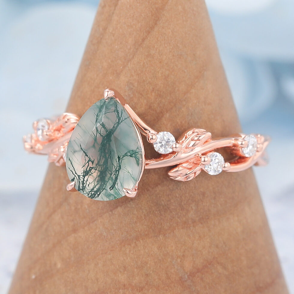 Pear Cut Moss Agate Engagement Ring Nature Inspired Rings