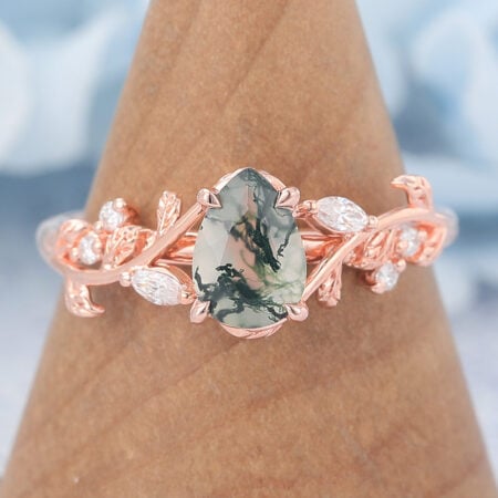 Pear Shaped Moss Agate Engagement Ring Vine-Inspired with Moissanite Accents