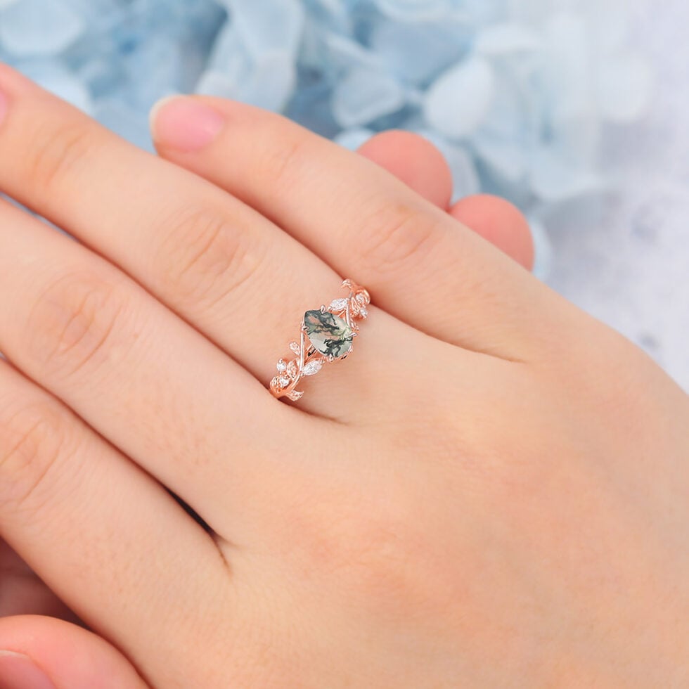 Pear Shaped Moss Agate Engagement Ring Vine-Inspired with Moissanite Accents