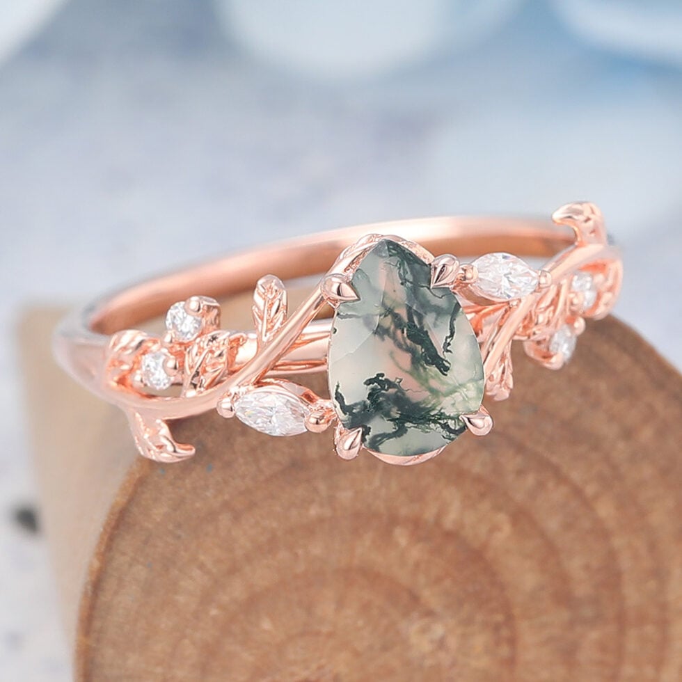 Pear Shaped Moss Agate Engagement Ring Vine-Inspired with Moissanite Accents