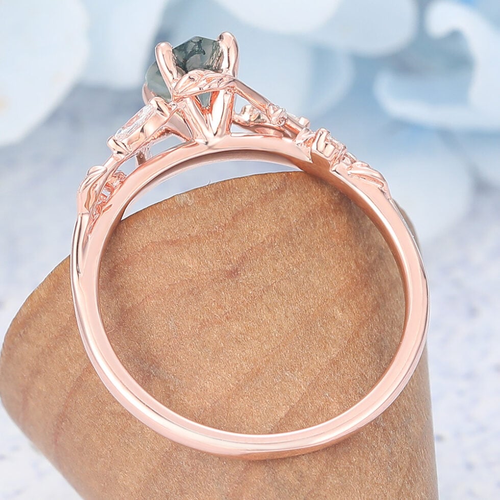 Pear Shaped Moss Agate Engagement Ring Vine-Inspired with Moissanite Accents