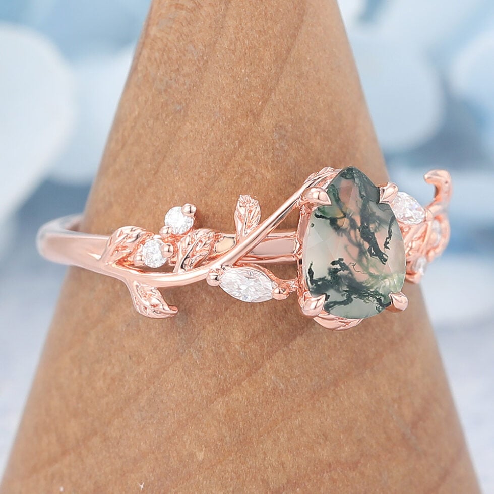 Pear Shaped Moss Agate Engagement Ring Vine-Inspired with Moissanite Accents