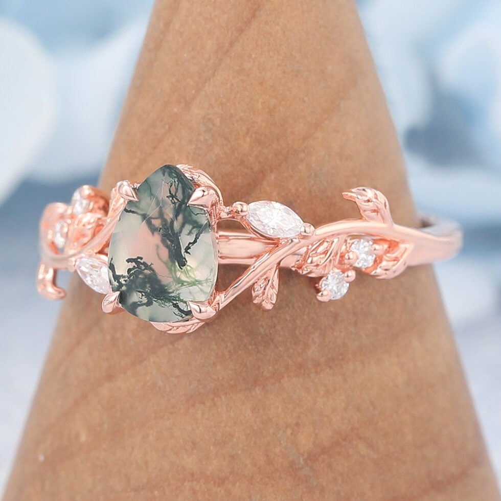 Pear Shaped Moss Agate Engagement Ring Vine-Inspired with Moissanite Accents