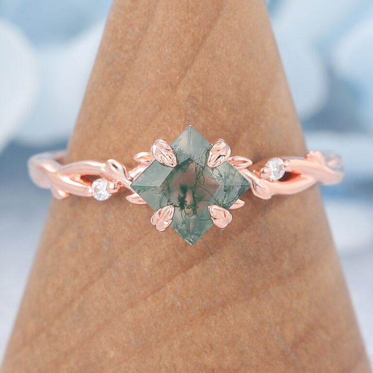 Princess Cut Moss Agate Engagement Ring Nature Inspired Rings