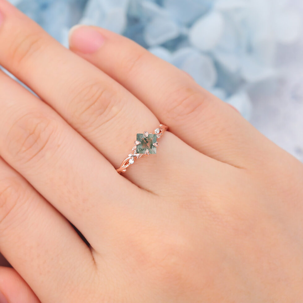 Princess Cut Moss Agate Engagement Ring Nature Inspired Rings