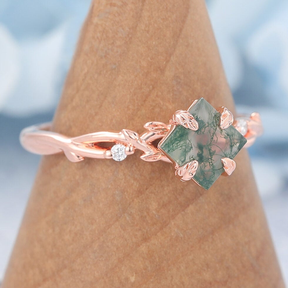 Princess Cut Moss Agate Engagement Ring Nature Inspired Rings