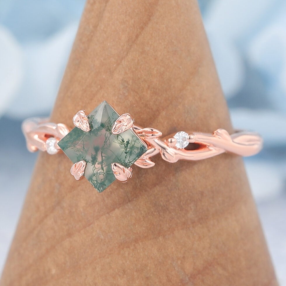 Princess Cut Moss Agate Engagement Ring Nature Inspired Rings