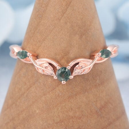 Round Moss Agate Wedding Band Leaves Stacking Ring