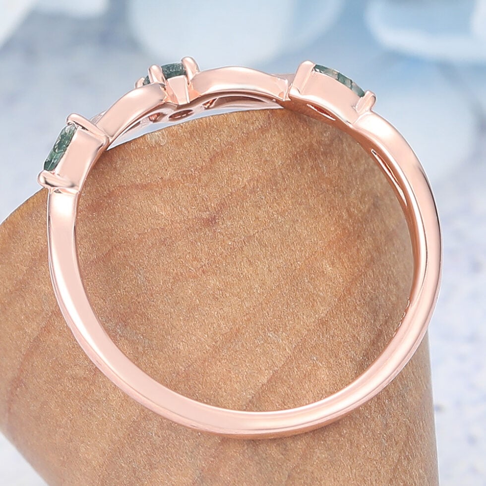 Round Moss Agate Wedding Band Leaves Stacking Ring