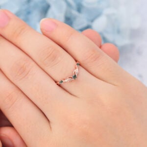 Round Moss Agate Wedding Band Leaves Stacking Ring