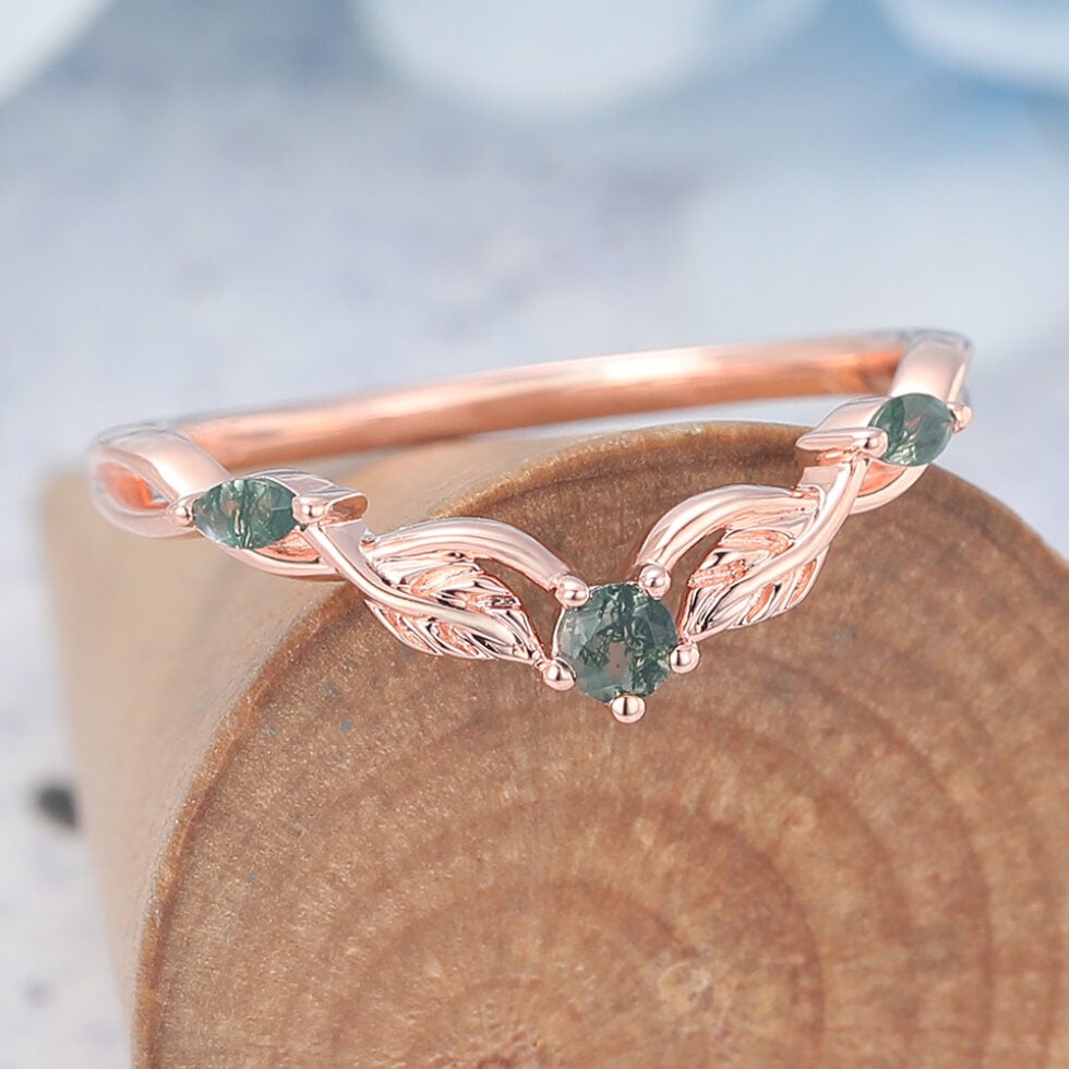 Round Moss Agate Wedding Band Leaves Stacking Ring