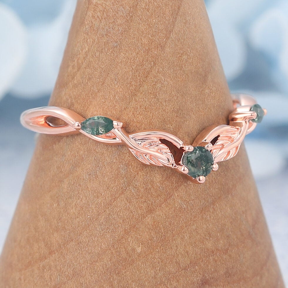 Round Moss Agate Wedding Band Leaves Stacking Ring