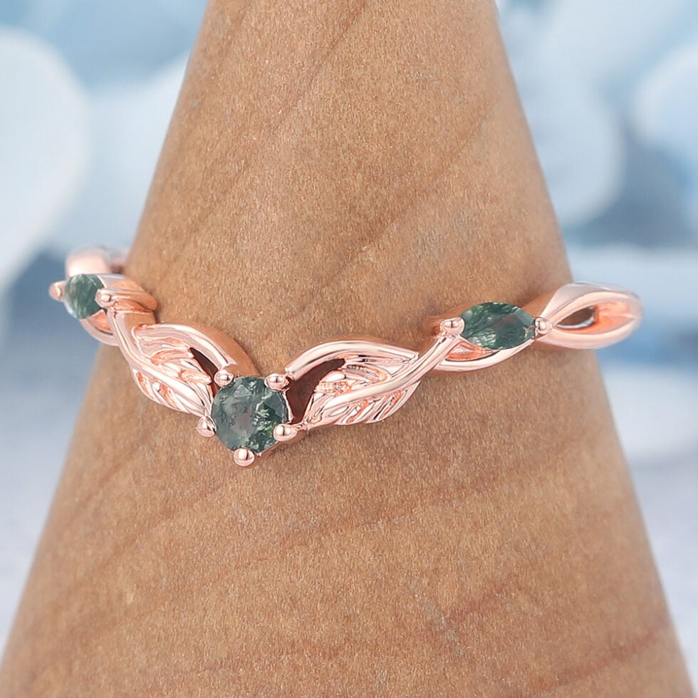 Round Moss Agate Wedding Band Leaves Stacking Ring