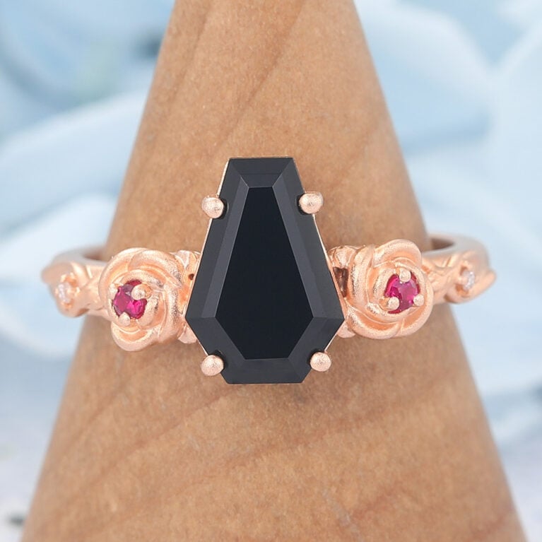 Matte Finish Coffin Shaped Black Onyx Engagement Ring With Ruby Accent