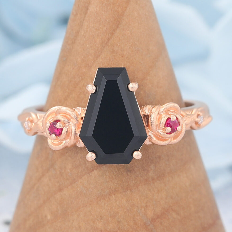 Matte Finish Coffin Shaped Black Onyx Engagement Ring With Ruby Accent