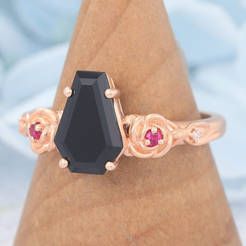 Matte Finish Coffin Shaped Black Onyx Engagement Ring With Ruby Accent