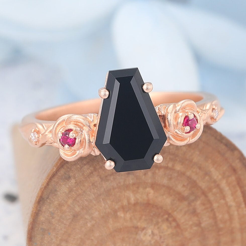 Matte Finish Coffin Shaped Black Onyx Engagement Ring With Ruby Accent