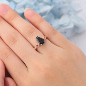 Matte Finish Coffin Shaped Black Onyx Engagement Ring With Ruby Accent