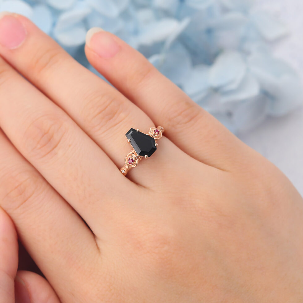 Matte Finish Coffin Shaped Black Onyx Engagement Ring With Ruby Accent