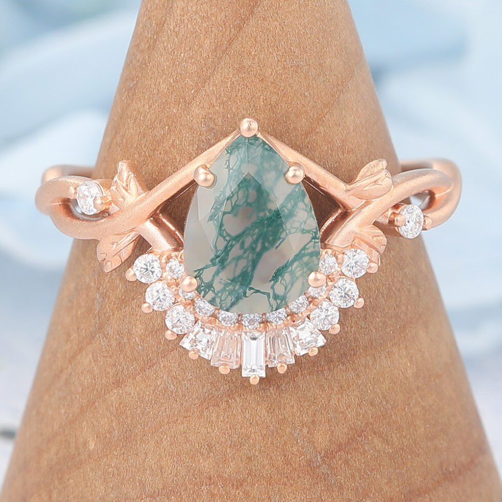 Unique Matte Finish Pear Cut Moss Agate Engagement Ring with Moissanite Accented