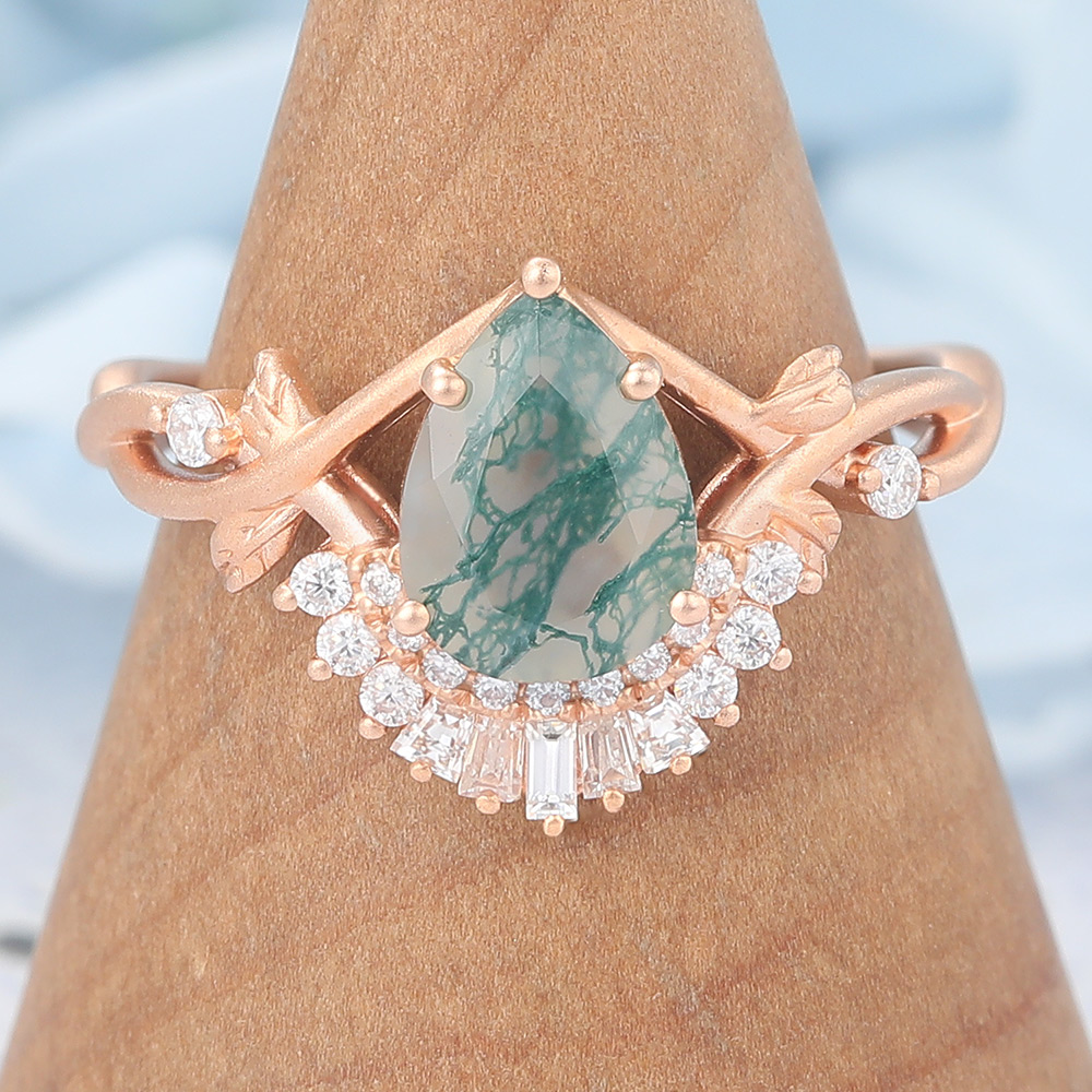 Unique Matte Finish Pear Cut Moss Agate Engagement Ring with Moissanite Accented